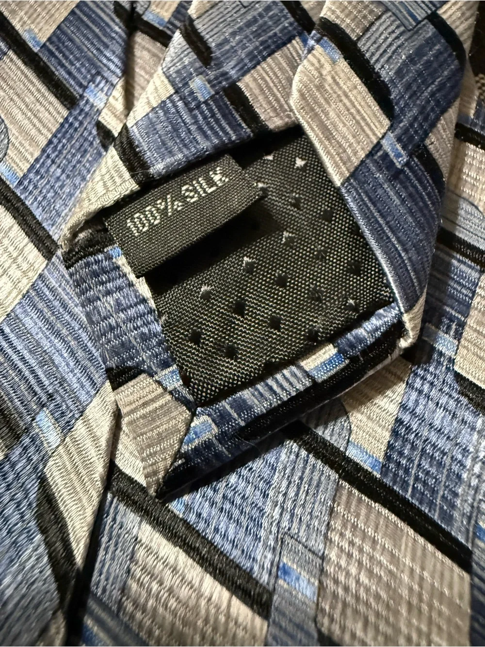 Men’s Blue and Silver Geometric Silk-Feel Tie
